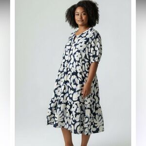 Wonderly Boho Abstract Floral Navy and White Dress size XL New
